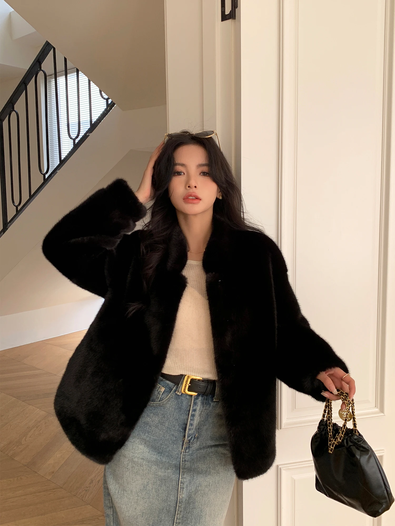 

Edinburgh ort Autumn Winter Jaet New Sle Stand Collar Bla Fur Vest Environmental Protection Fur Women's Coat