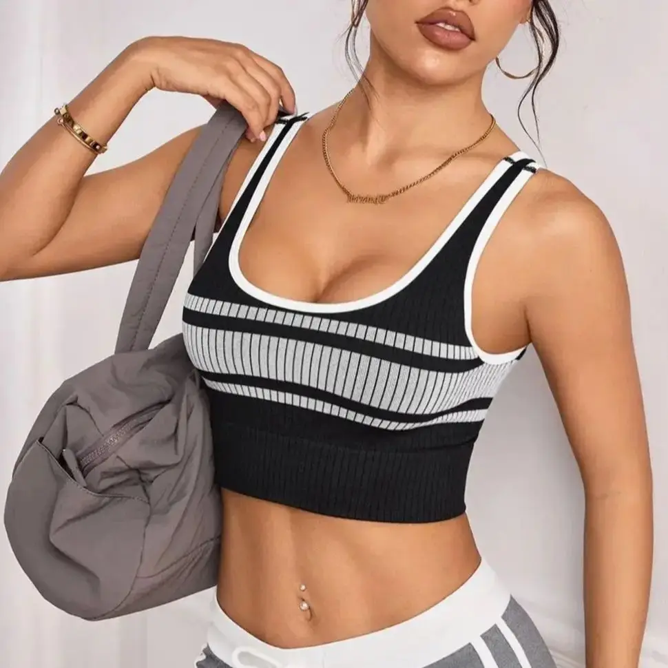 Ladies Seamless Sports Tank Top Fashion Color Block Decor Yoga Outdoor High Elasticity Sleeveless U-Back Vest Fitness Activewear