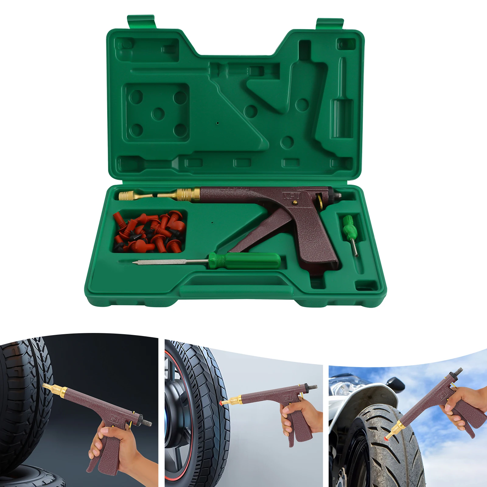 Kit pistola per riparazione ruote pneumatici tubeless, pistola professionale per riparazione pneumatici sottovuoto, tappo per pneumatici con tappo a fungo Tubeless con scatola