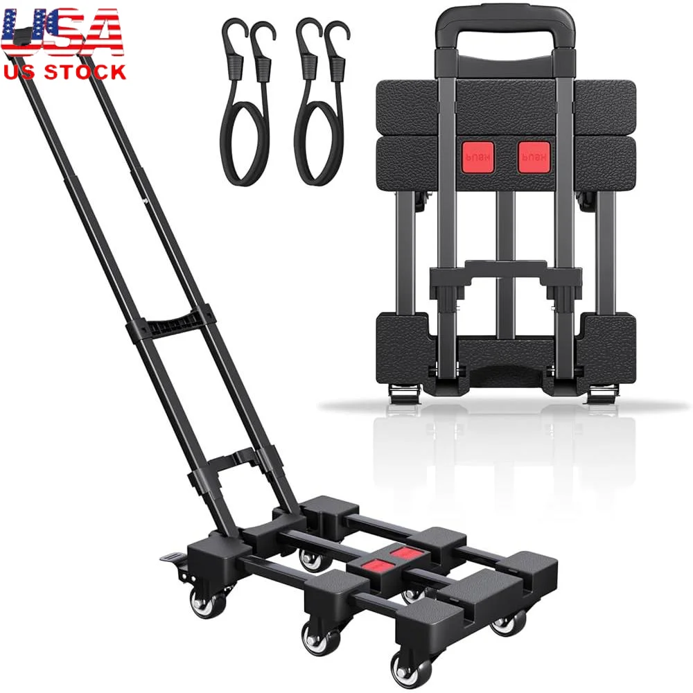 

Folding Hand Truck Dolly 330 LB Heavy Duty Portable Utility Cart Telescoping Handle 6 Wheels Bungee Cords Ideal Travel Cargo