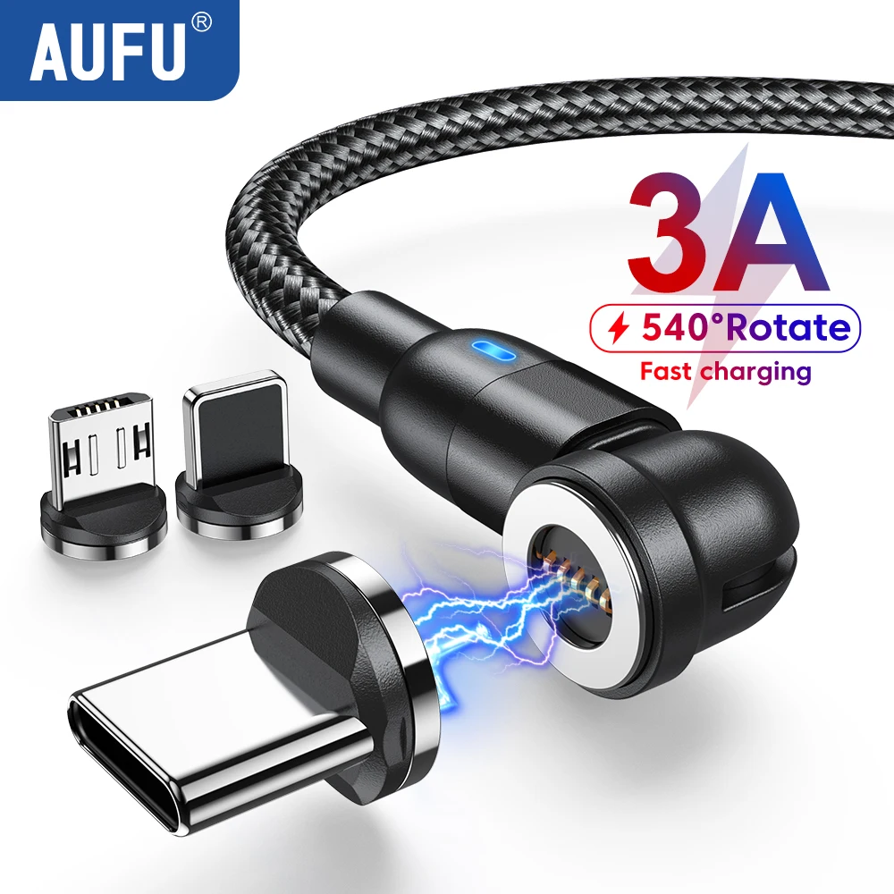 AUFU 3A Fast Charging Magnetic USB Type C Cable for Realme Samsung Huawei 540 Rotate Micro USB Magnet Charger Cord for iPhone 17