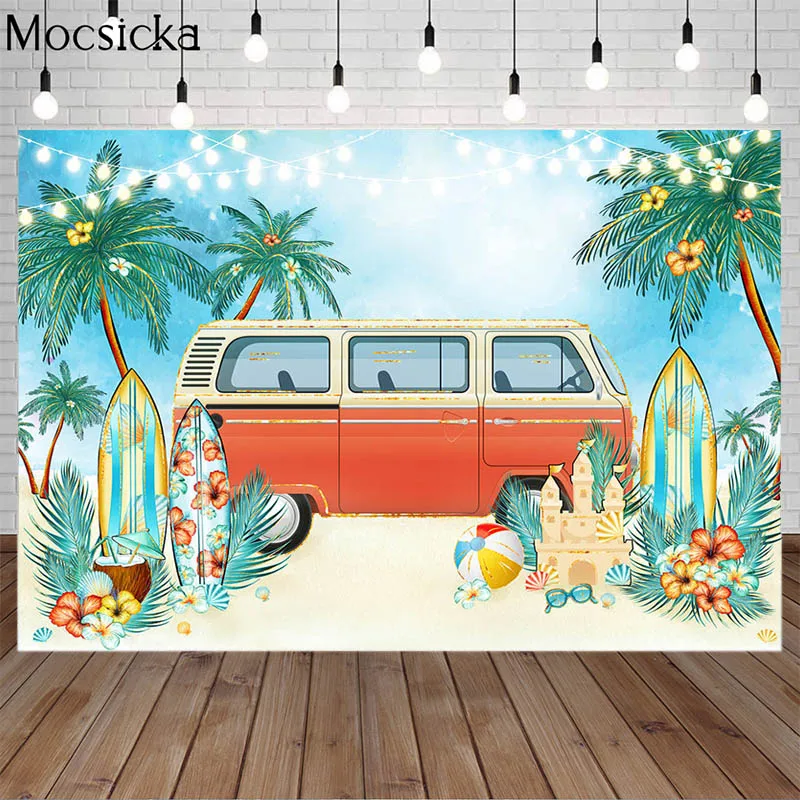 

Mocsicka Summer Sea Beach Backdrop Ice Cream Car Palm Leaf Surfboard Coconut Decor Kids Child Photo Background Photography Props