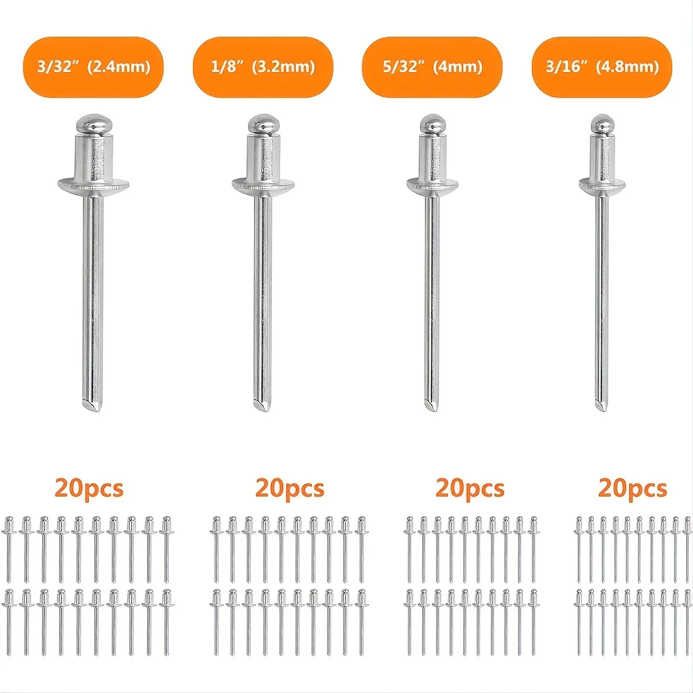 Heavy Duty Single Hand Manual Rivet Gun Kit with 4 changeable Rivet Heads and 80Pcs Rivets