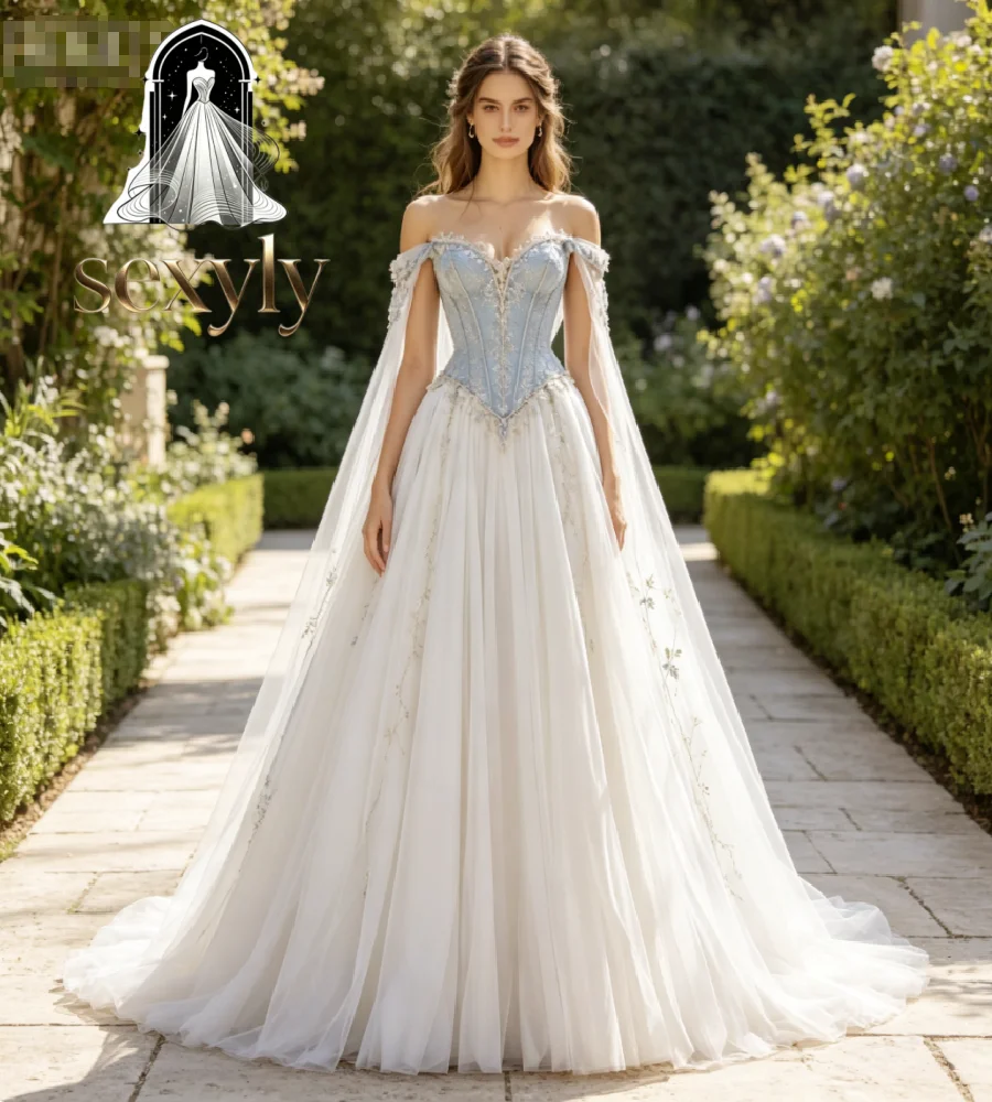 Fairytale Dusty Blue Forest Wedding Dress A Line Off Shoulder Cape Sleeves Cottagecore Bridal Gowns Arabic Celtic Gypsy Bride
