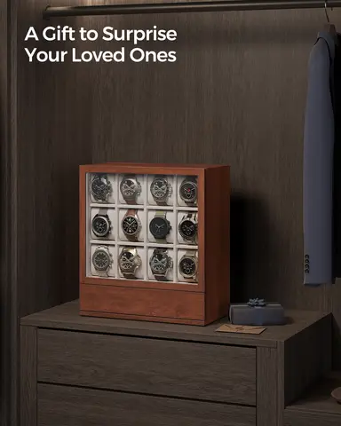 SONGMICSHOME klocklåda i trä med 12 fack, klockdisplay med fönster, klockdisplayskåp, sammetsfoder, presentidé 8 best sales 12-fack klocklåda - №7