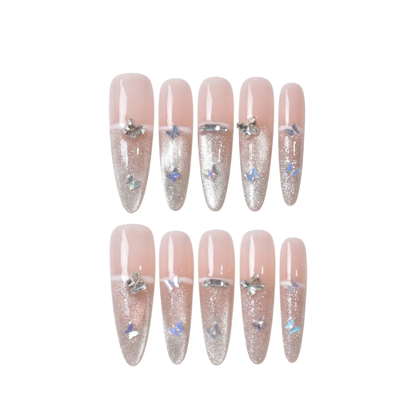 Resin Press on Nails for Wedding Party Women Holographic Butterfly Handcrafted Long Slim Fake Nails Durable and Elegant