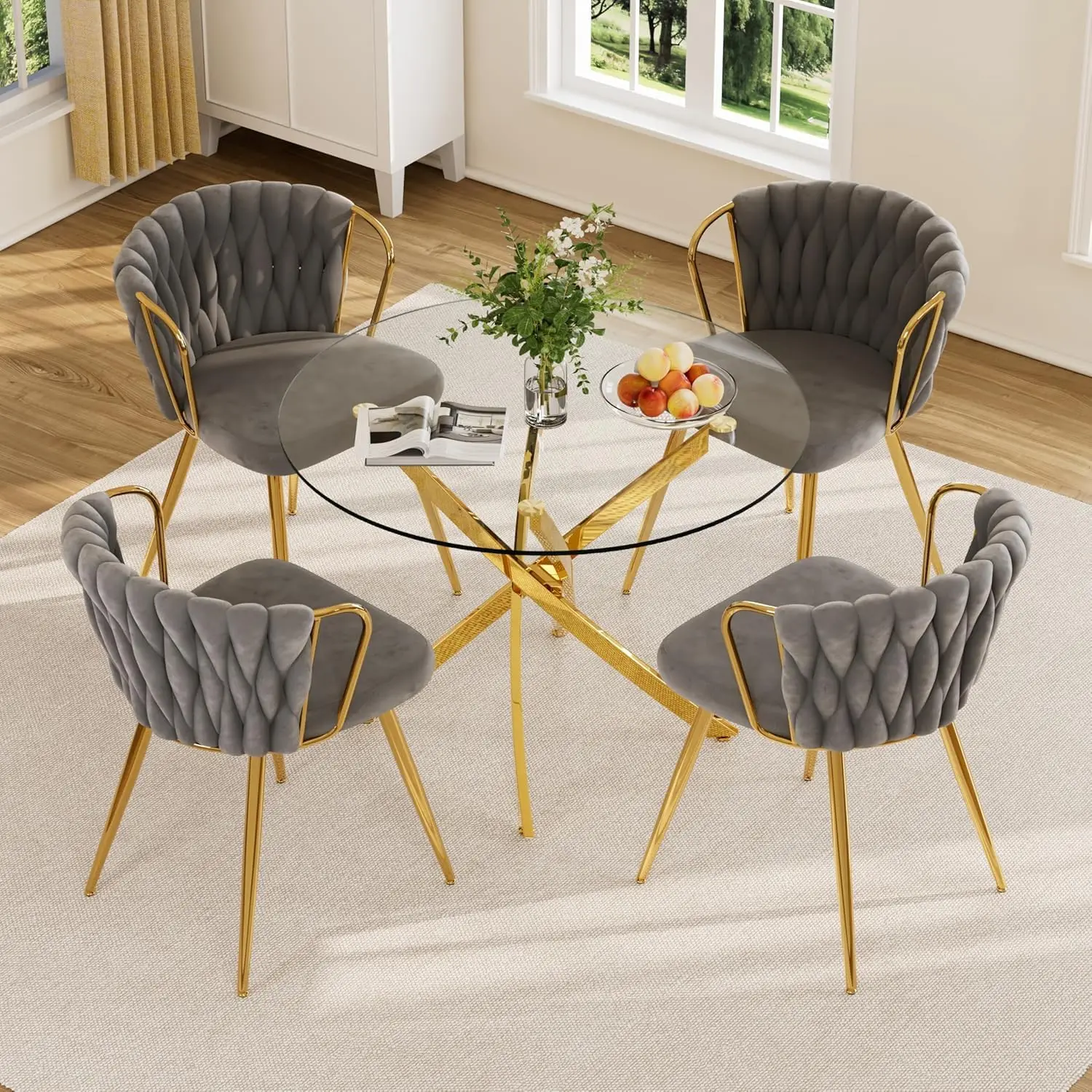 Round Glass Dining Table Set 5 Pieces 36 Inch Circle Gold Frame Clear Top Grey Gold Velvet Chairs Home Apartment, Customized