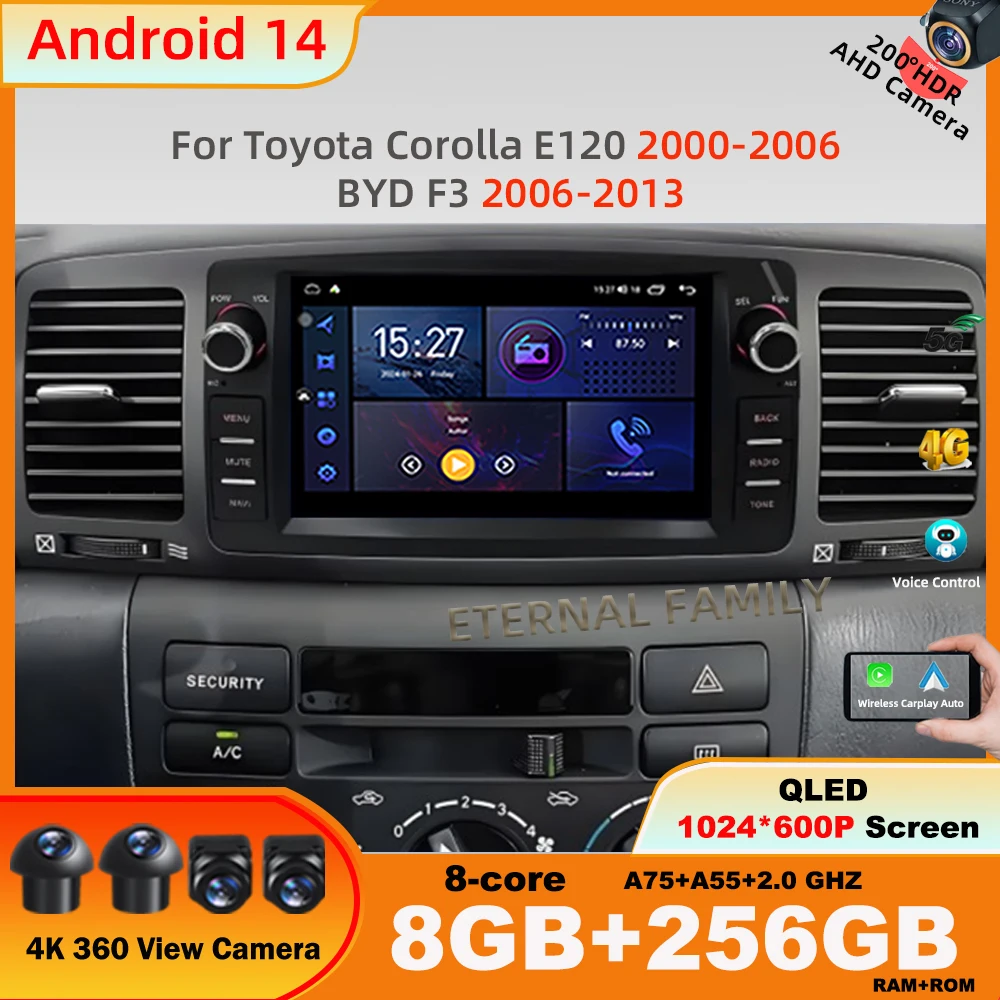 

7'' Android 14 Car Radio For Toyota Corolla E120 2003-2006 BYD F3 GPS Navigation Stereo CarPlay Auto Multimedia Video 4G WIFI 5G