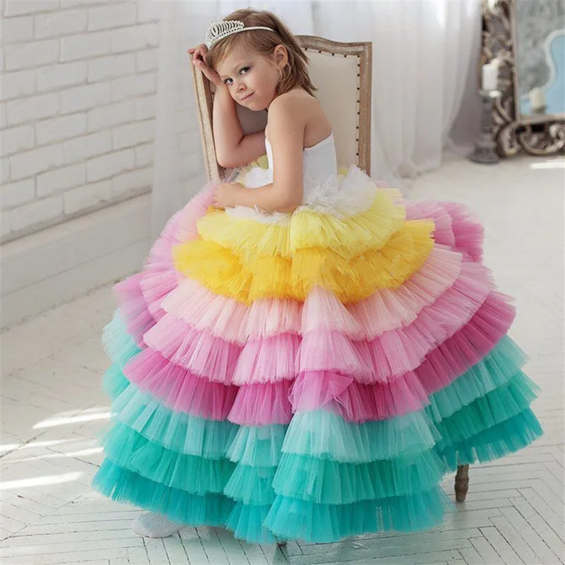 Baby Girl Princess Layered Tutu Dress Rainbow Infant Toddler Tulle Patchwork Vestido Evening Party Pageant Birthday 1-12Y