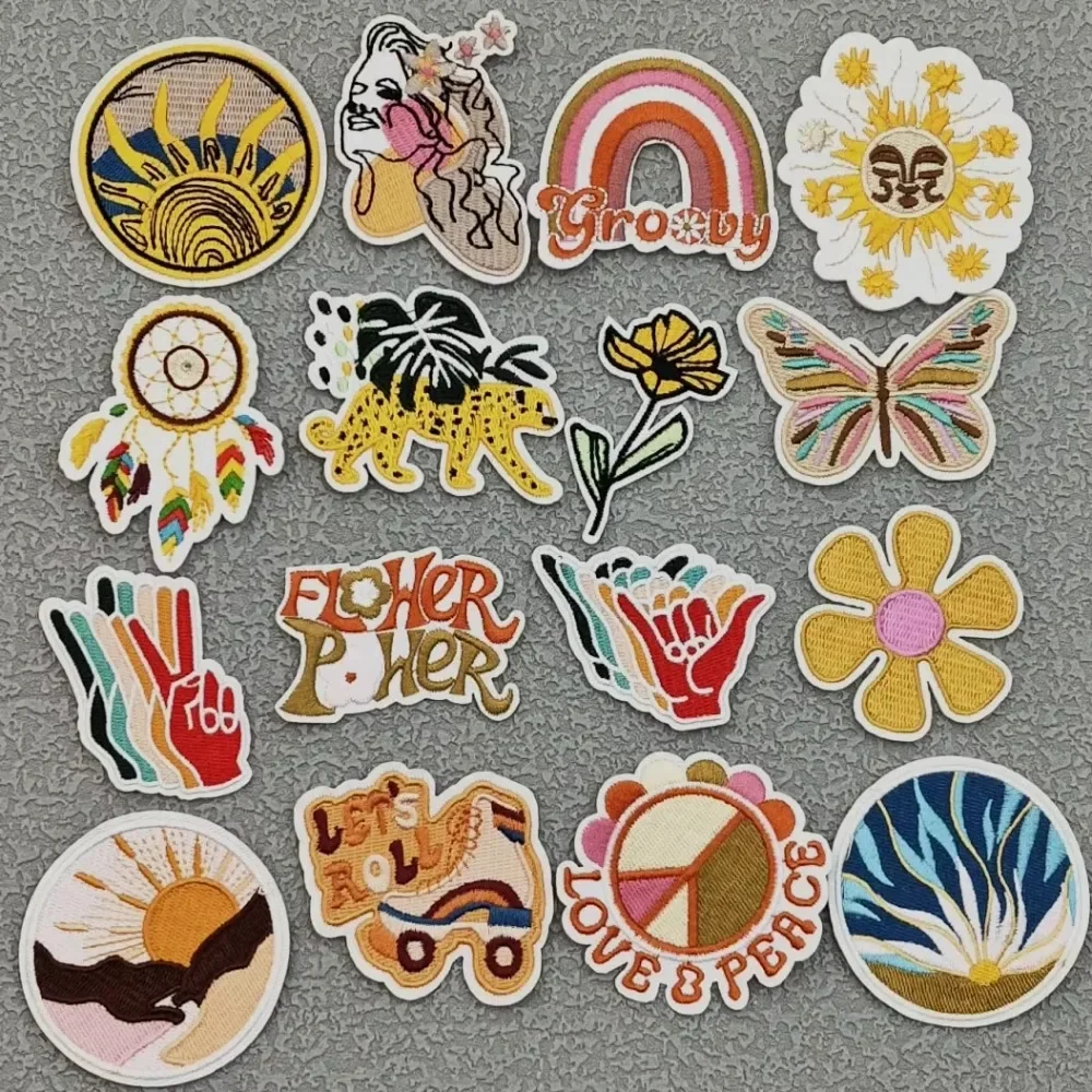 Patch Brodé de Dessin Animé, Fleurs de Soleil et Papillon, Autocollants Thermocollants pour Vêtements, Danemark ges à Repasser, Accessoires pour