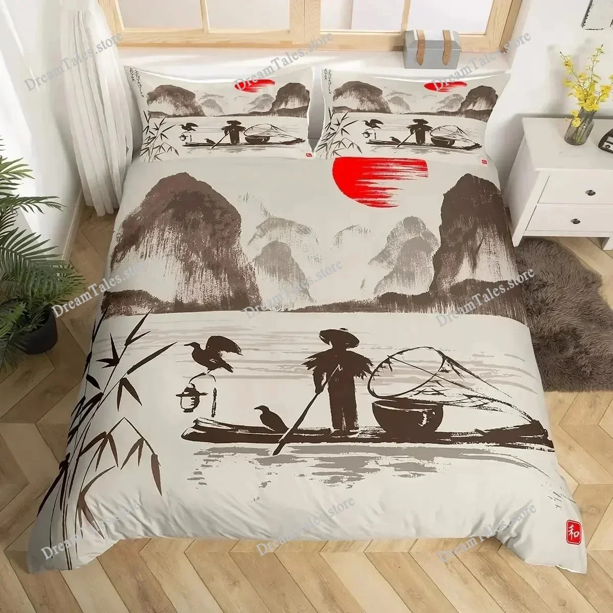 Bamboo Duvet Cover Set Bamboo Branches Bedding Set Tree Print Comforter Cover Fashion Retro Floral Style Quilt Cover Queen Size