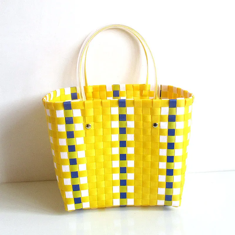 Fashion Hand-woven vegetable basket Fruit bag woven contrast color handbag Large-capacity Bump Color Woven Vegetable Basket