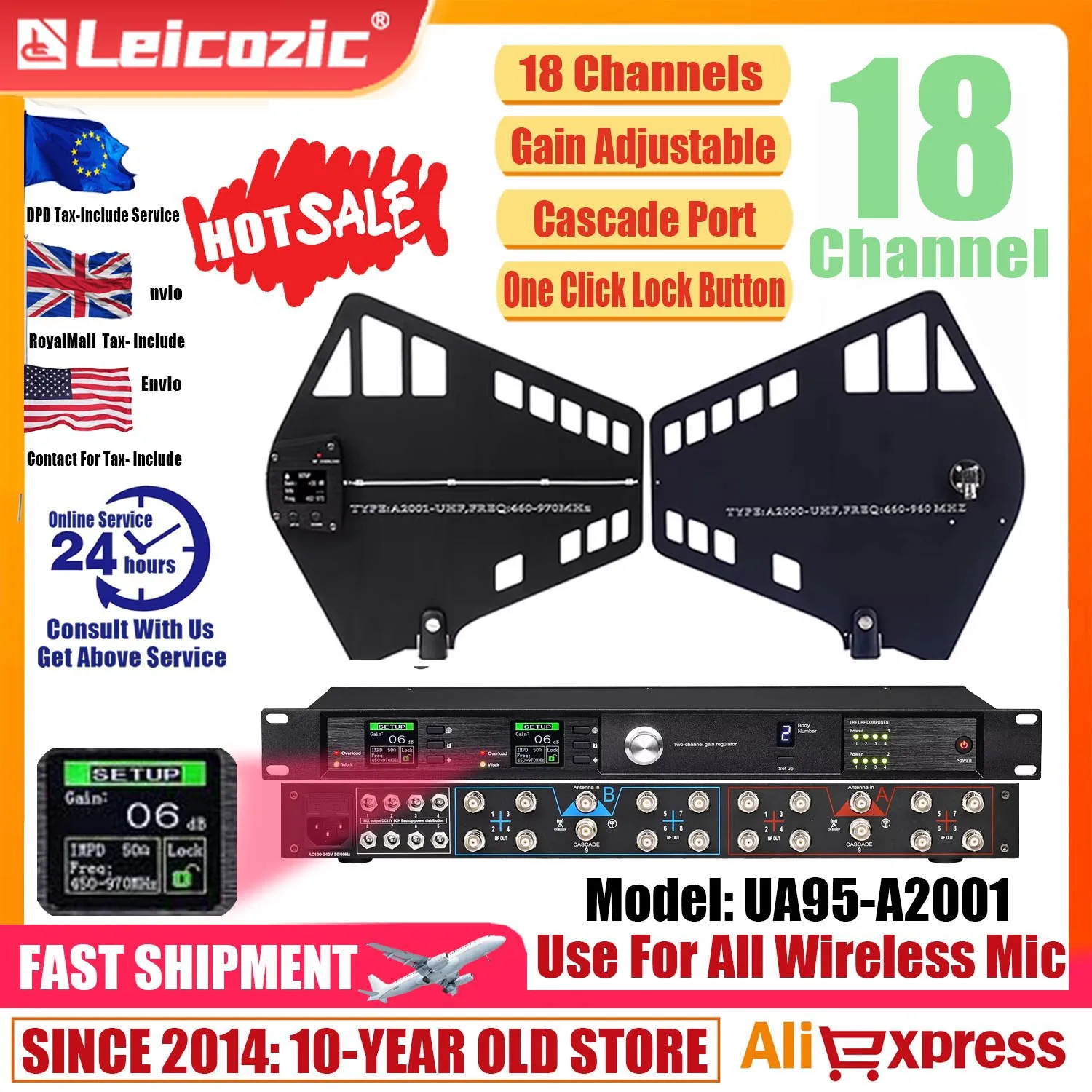 Leicozic amplificador de sinal rf de 18 canais, antena ativa de 450-960mhz, distribuidor de antena direcional em cascata para microfone sem fio