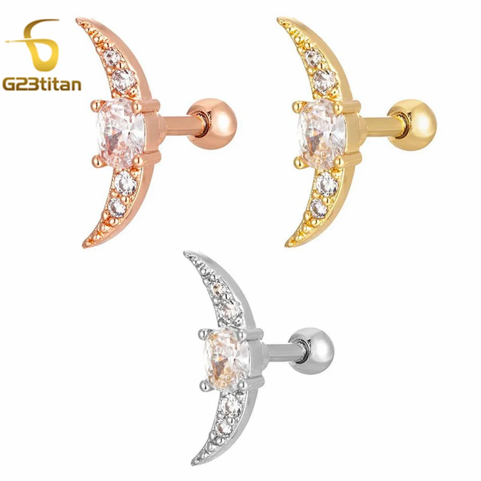 1pc Bamoer New Fashion Ear Studs Titanium Pole Moon Zircon Medical Piercing Earrings Decoration Women's Wedding Party Jewelry