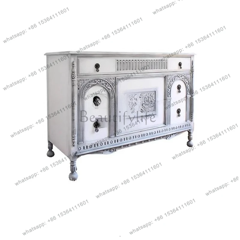 

European solid wood carving flower antique living room entry side cabinet American storage chest