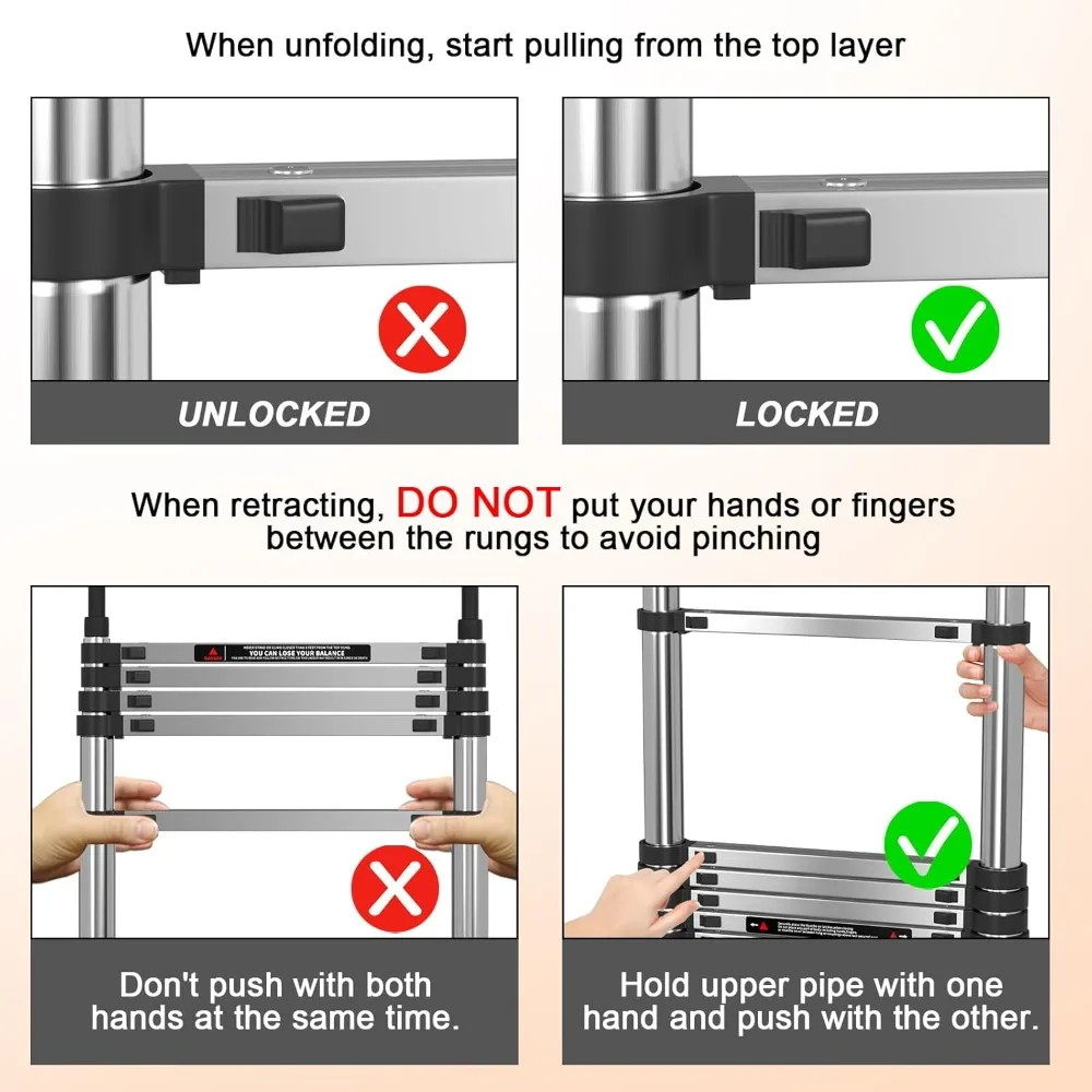 Échelle télescopique portable, échelle d'extension en acier inoxydable de 14,4 pieds avec 2 crochets, pieds en caoutchouc coordonnants, échelle rapide