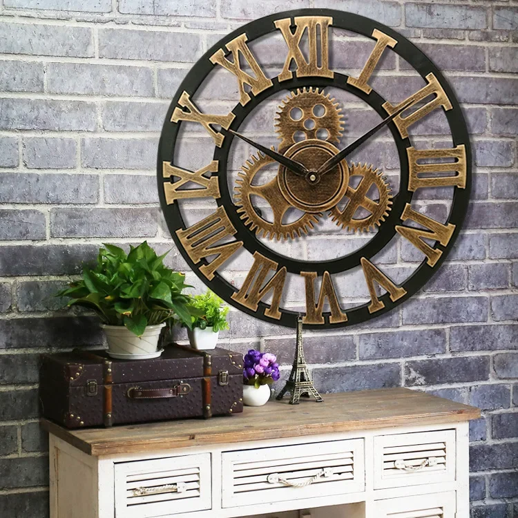 3D large classic vintage wooden wall clock retro gear hanging clock Roman numeral horologe European style decor living room