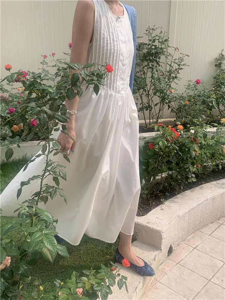 DR10500 2024 New Korean Fashion Sleeveless Elegant Lady Fold High Waist Vintage Women Spring Summer Shirt Dresses Long Dress