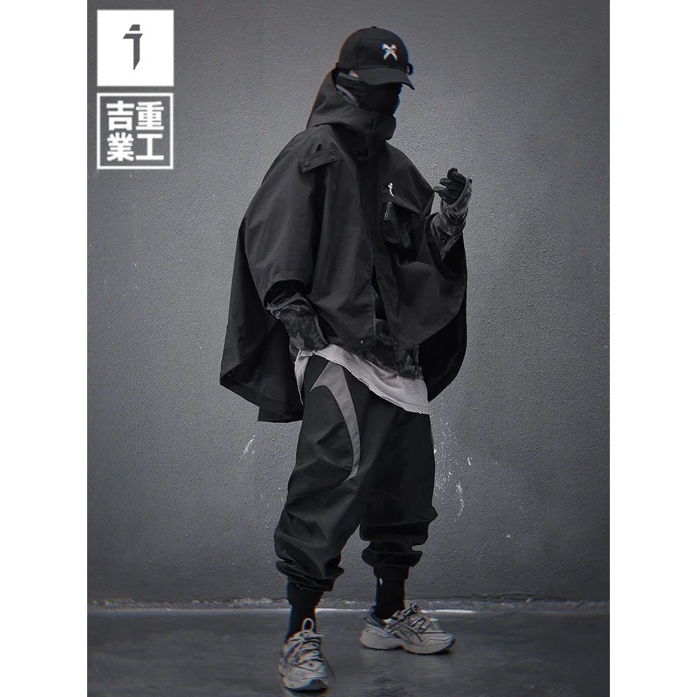 11 BYBB'S DARK Spring 2025 جديد وظيفية مقنعين معطف قصير عباءة سترة شال الرجال فضفاض الهيب هوب موضة التكتيكية