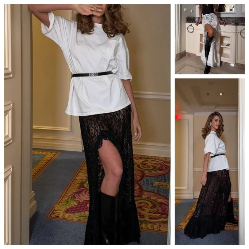 

Women's Lace Transparent Long Skirt - Asymmetric Floral Ruffles Summer Stylish Outfit, Holiday Slit Elegant Dress