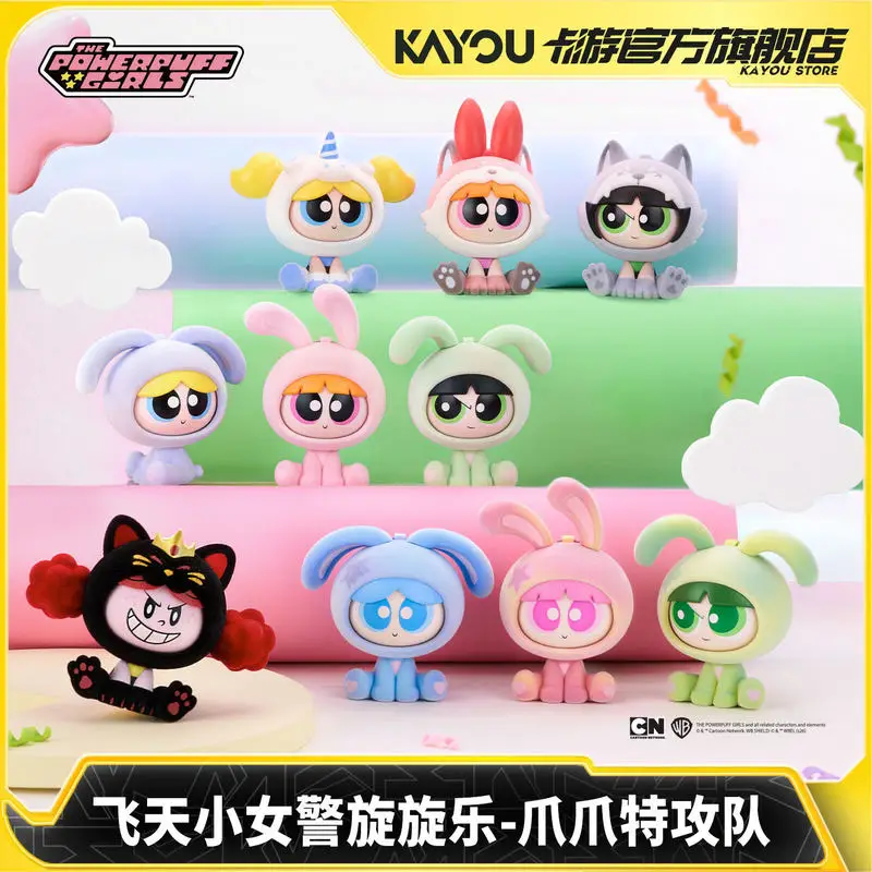 

Card Game The Powerpuff Girls Face Changing Doll Surprise Blind Box Flocked Lucky Cat Figurine Desktop Decor Collectible Toy
