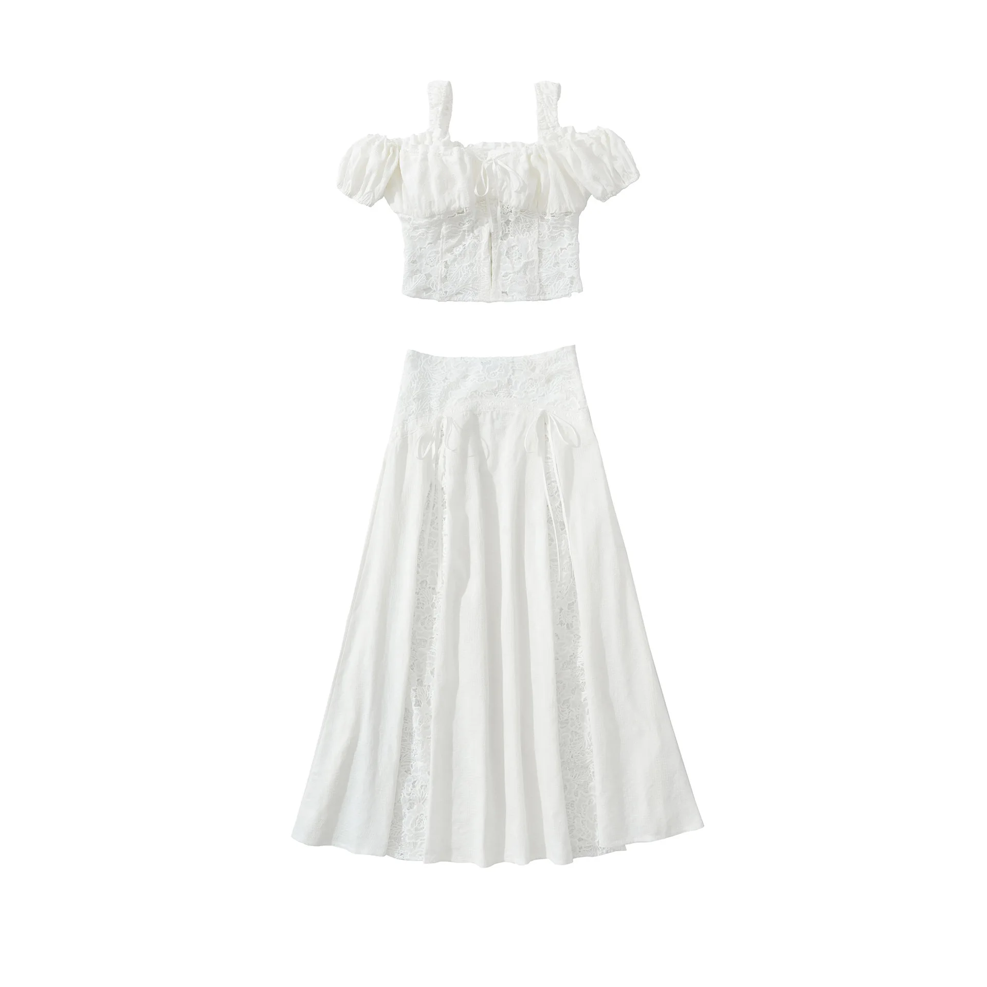 Women's Fashion Casual Lace Patchwork Top + Skirt Set   0QU1