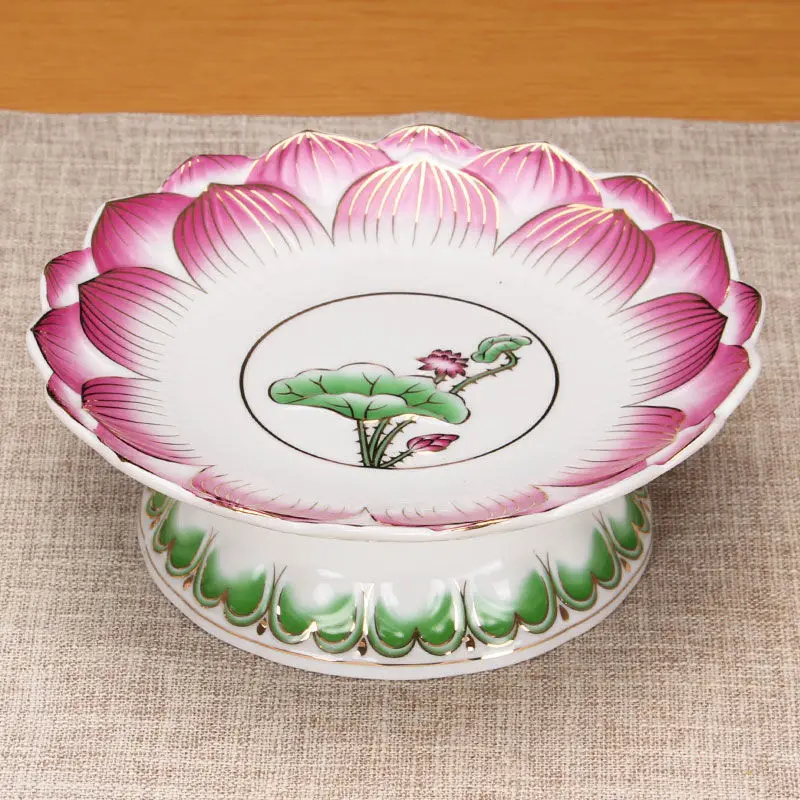 Embossed Pink White Fruit Plate Buddha Set Household Incense Burner Lotus Supply Plate Water Cup 6/7/8/9 Inch Buddhism Item