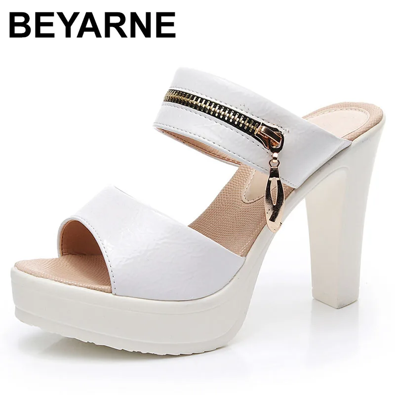

High quality leather Slippers for women 10.5 cm high heel summer platform open toe elegant fashion shoe black white
