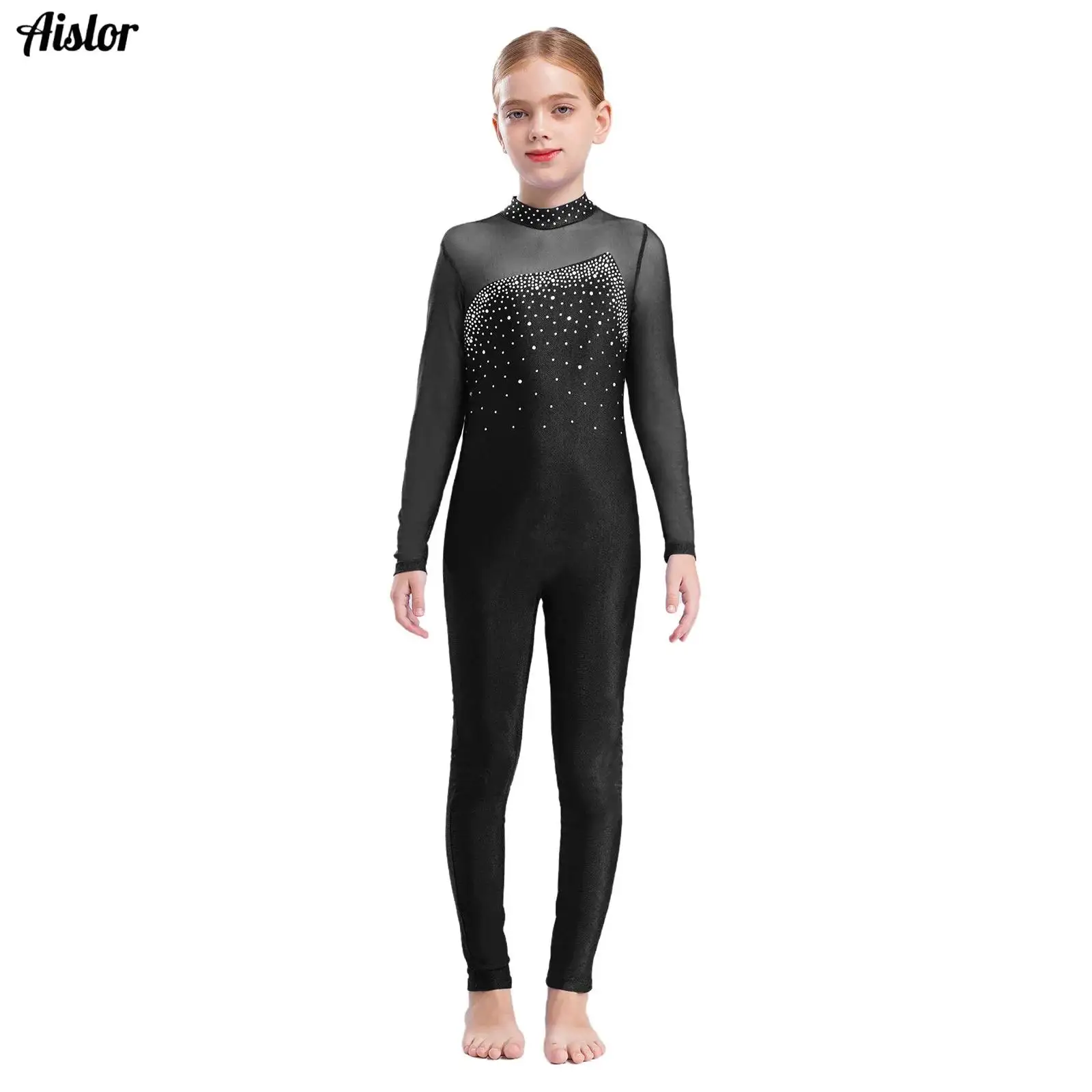 

Kids Girls Gymnastics Jumpsuit Long Sleeve Round Collar Shiny Rhinestone Leotard for Yoga Sport Workout Figure Skating Dancewear