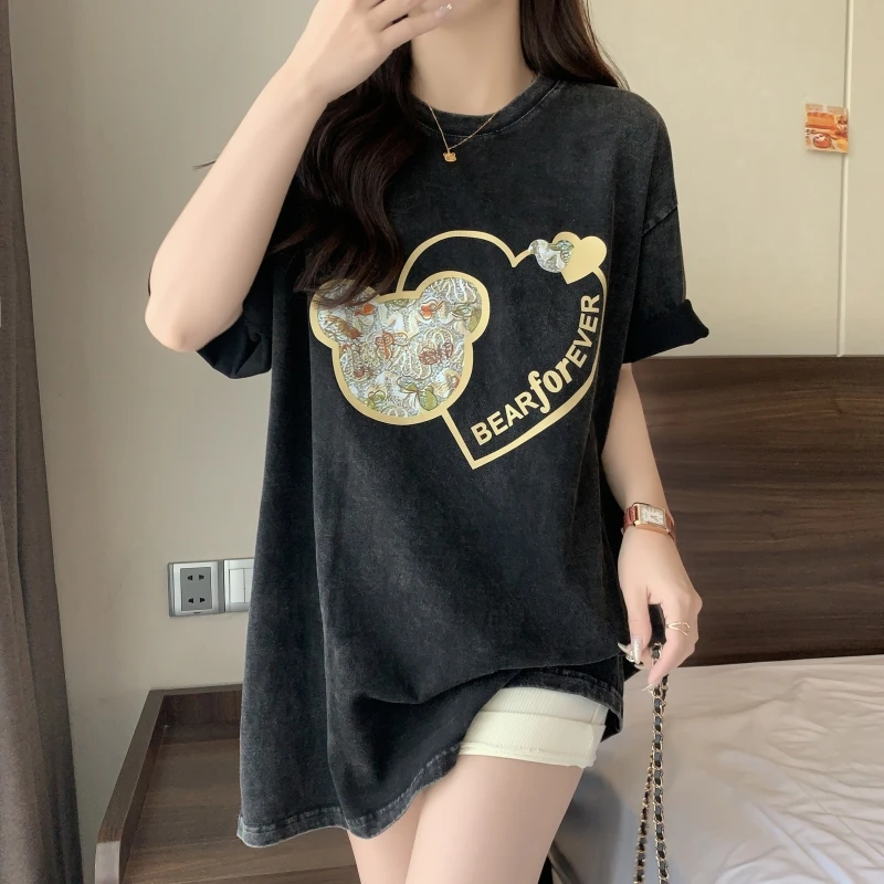 

Spring/Summer Combed Letter Washed Old Short sleeved Top Versatile Loose Short sleeved T-shirt for Women