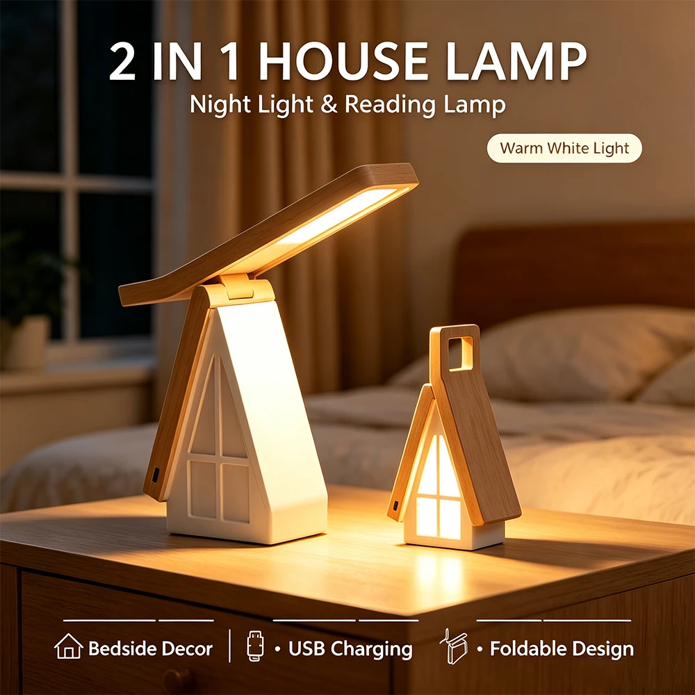 WILIT 2 in 1 House Lamp Foldable LED Reading Lamp USB Charging Warm White Night Light Decorative Bedside Table Lamp for Bedroom