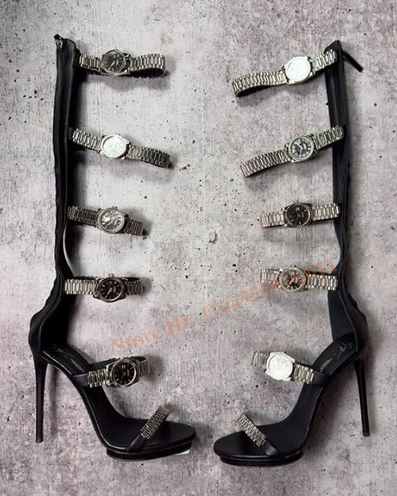 

Designer Watch Belt Straps Hollow Out Women Thin Heeled High Heel Sandals Women Knee Length Stiletto Summer Shoes Sandal Boot