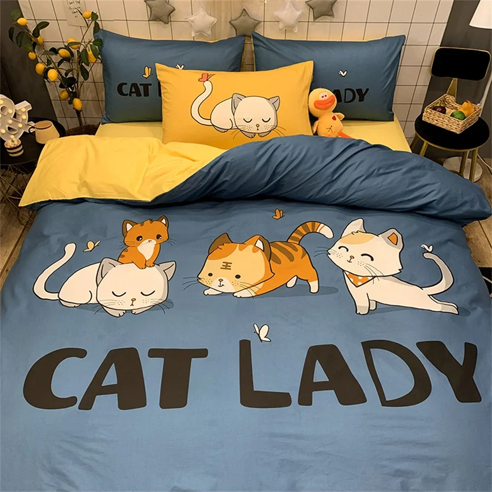 

Comforter Sets Four-piece Cute Cartoon Printing Pure Cotton 1.2M 1.5M 1.8M Bed Sheet Fitted Sheet Bedding Set Home Textiles