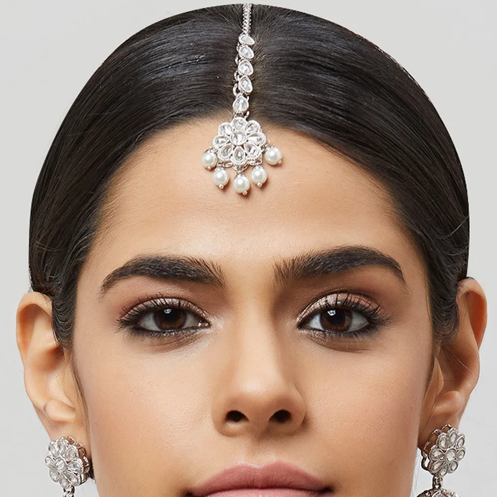 Teardrop Clear Rhinestone Round White Pearl Floral Maang Tikka Head Chain Elegant Bridal Women Wedding Forehead Hair Accessory