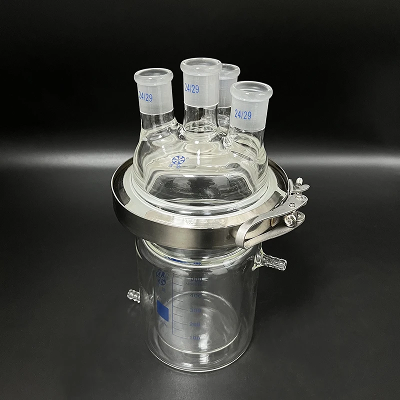 

Double-layer cylindrical flat bottom open reactor bottle 500mL,150mm flange,Stainless clip,Tick marks,Cover with 4-necked 24/29