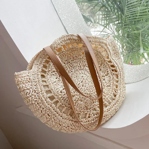 Bolsos redondos de paja de verano para mujer, bolso de hombro de ratán, bolsos de playa tejidos hechos a mano de viaje, bolso de mano de gran capacidad para mujer