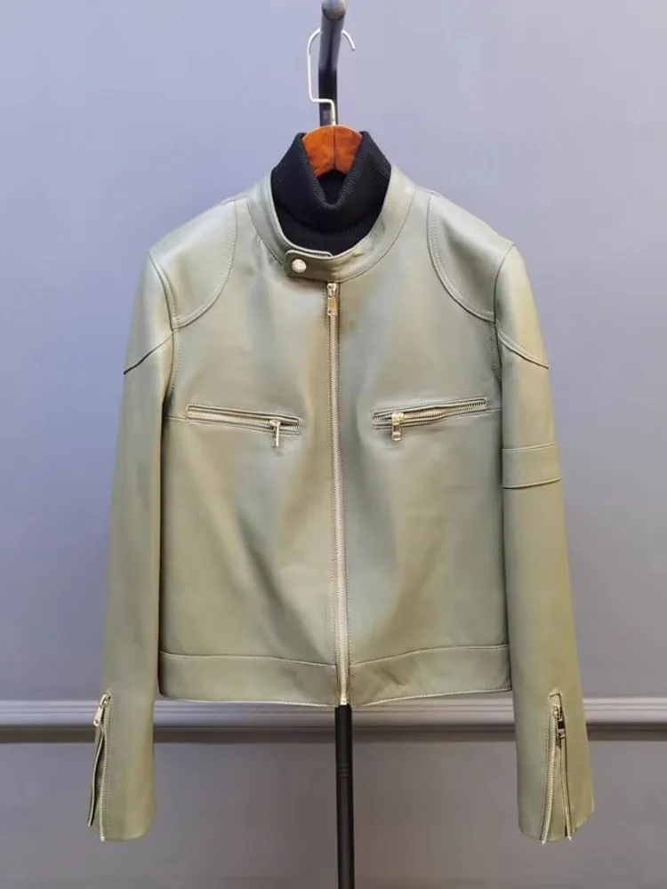 Moda autunno donna pelle di pecora giacca in vera pelle colletto alla coreana cerniera motociclista cappotto antivento giacche punk slim fit