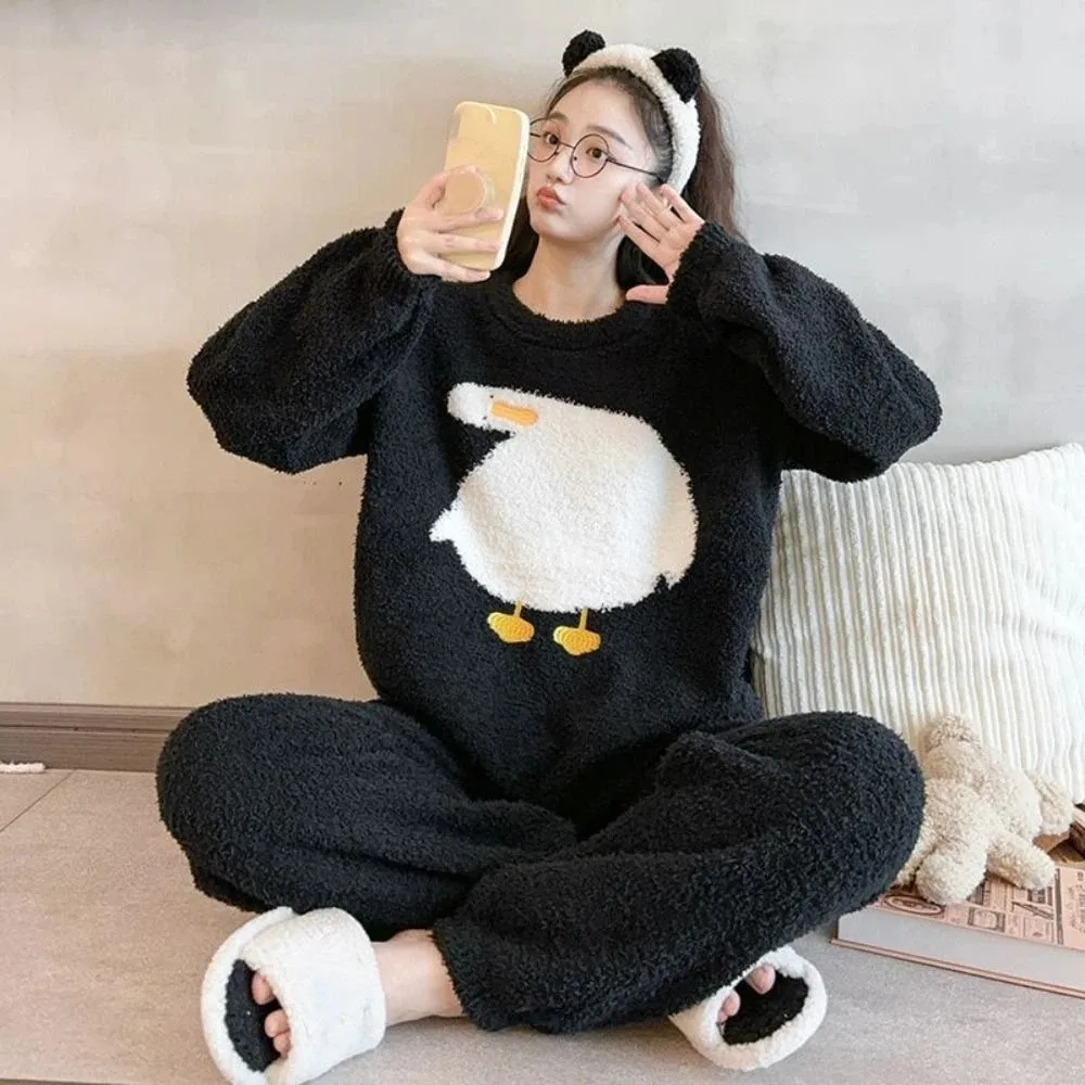 

Ins Horse Fleece Pajamas Set Duck Rabbit Kawaii Thicken Warm Sleepwear Loose Long Sleeve Cartoon Pajamas Suit Girl