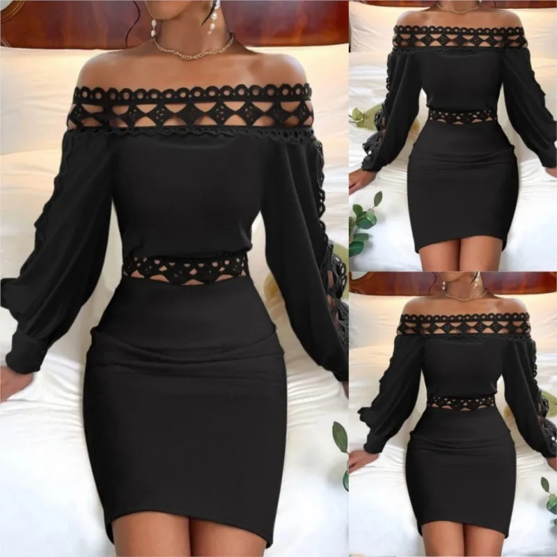 

Spring Autumn New Hollow Out Sexy Dress Y2k Fashion Casual Slash Neck Lace Patchwork Long Sleeve Wrap Hip Dresses Of Female Robe