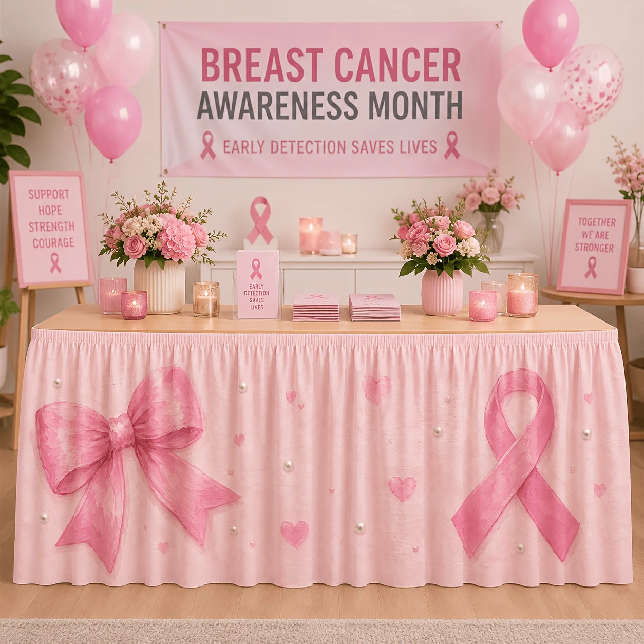 1 tablecloth table skirt, breast cancer awareness theme table skirt, textured oil painting style, large pink bow.