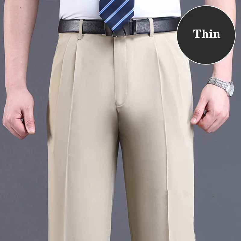 Double Pleated Suit Pants Men  Black Brown Business Khaki Trousers For Men Loose Straight Classic Men Pant Thin Summer 2023