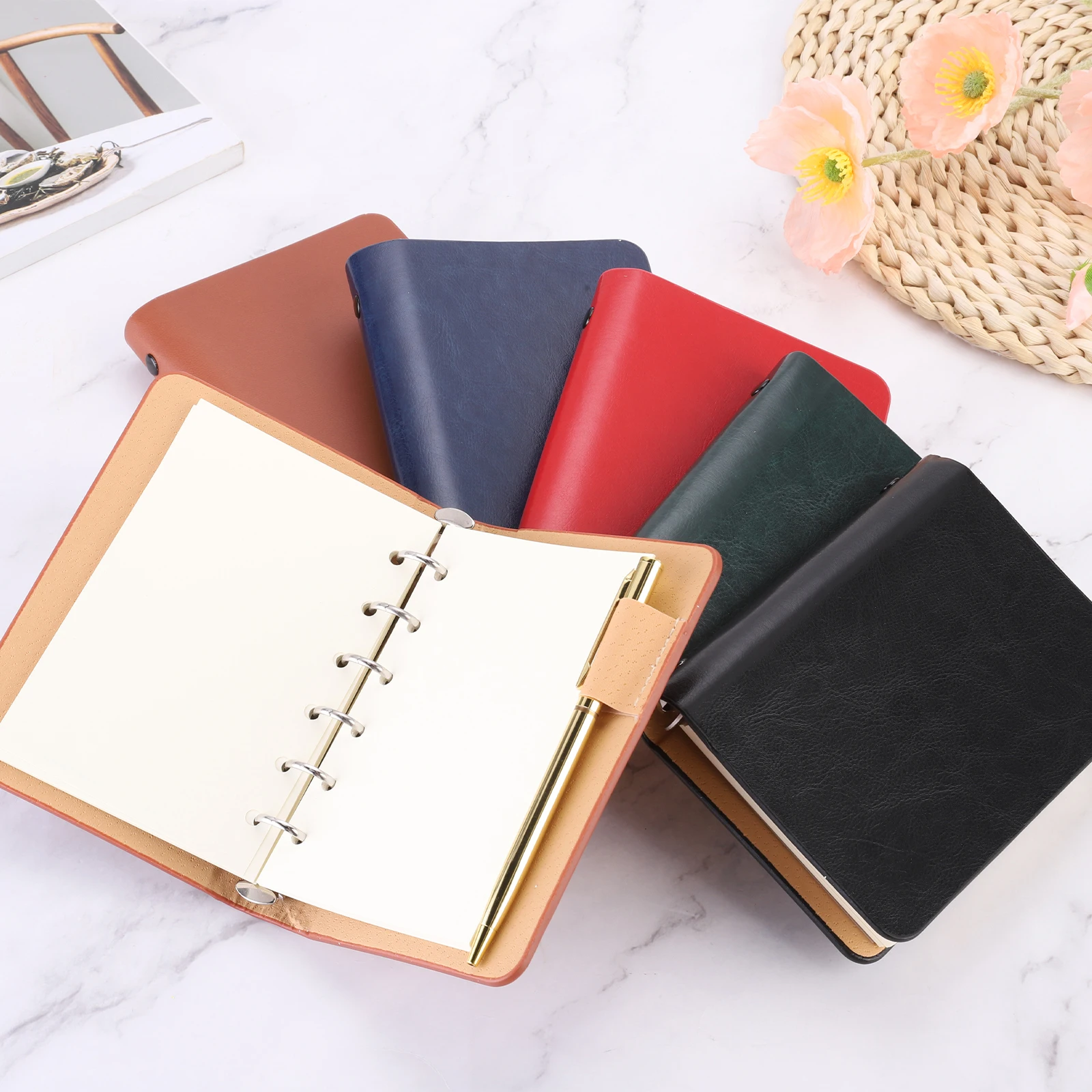 1/2Pack A7 Leather Notebook Binder 6 Ring Binder Cover Mini Refillable Loose Leaf Diary Personal Planner with 50/100Sheets Paper