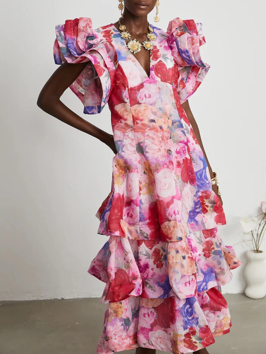 Vgh floral impressão emendado plissado vestidos longos para mulheres com decote em v manga curta cintura alta retalhos em camadas vestido longo feminino novo