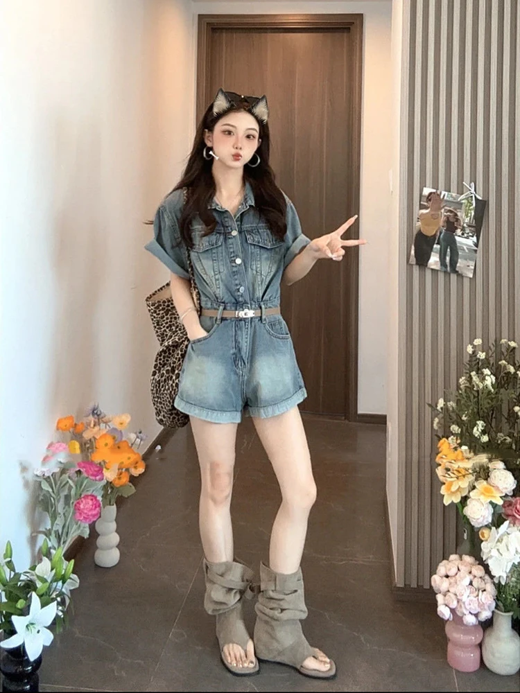 Tuta da donna a vita alta allentata lavata estiva Moda ragazza piccante Tuta a maniche corte in denim casual da strada retrò