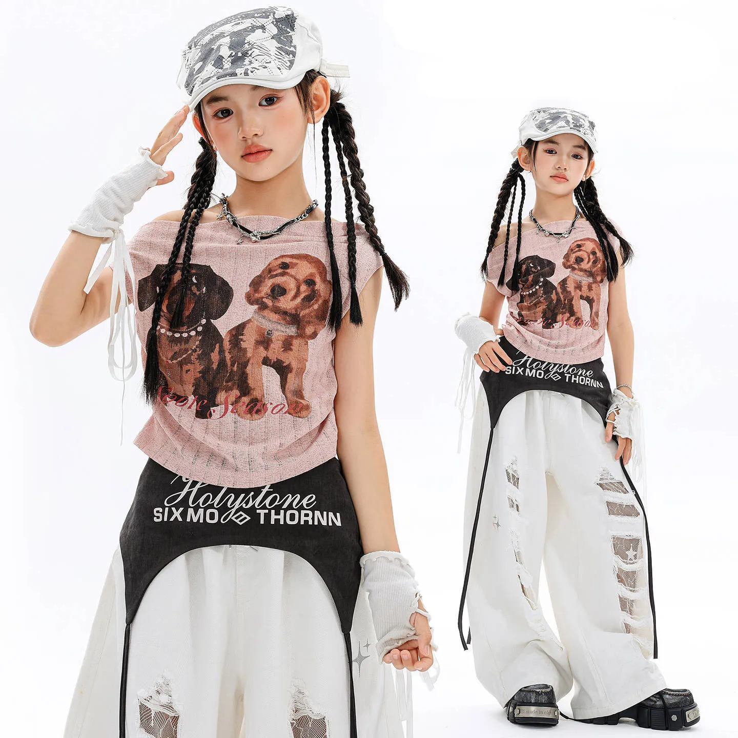 

Kid Kpop Hip Hop Clothing Cute Pink Dog T Shirt Top White Casual Wide Ripped Sweat Pants for Girls Jazz Dance Costumes Clothes