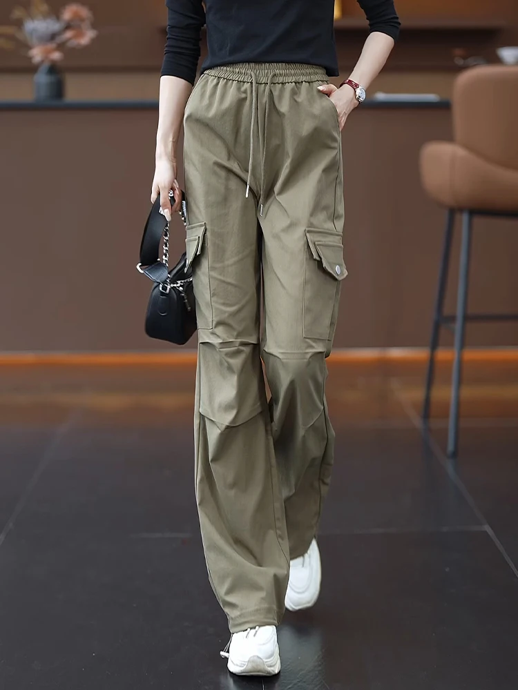 

American Style High Waist Loose Straight Leg Work Pants Women's Spring Autumn Casual Sporty Multi Pocket Slimming Trousers