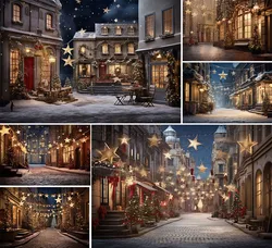 Mehofond Christmas City Street Backdrop Photography Winter Snow Golden Star Lights House Outdoor Kids Portrait Photo Background