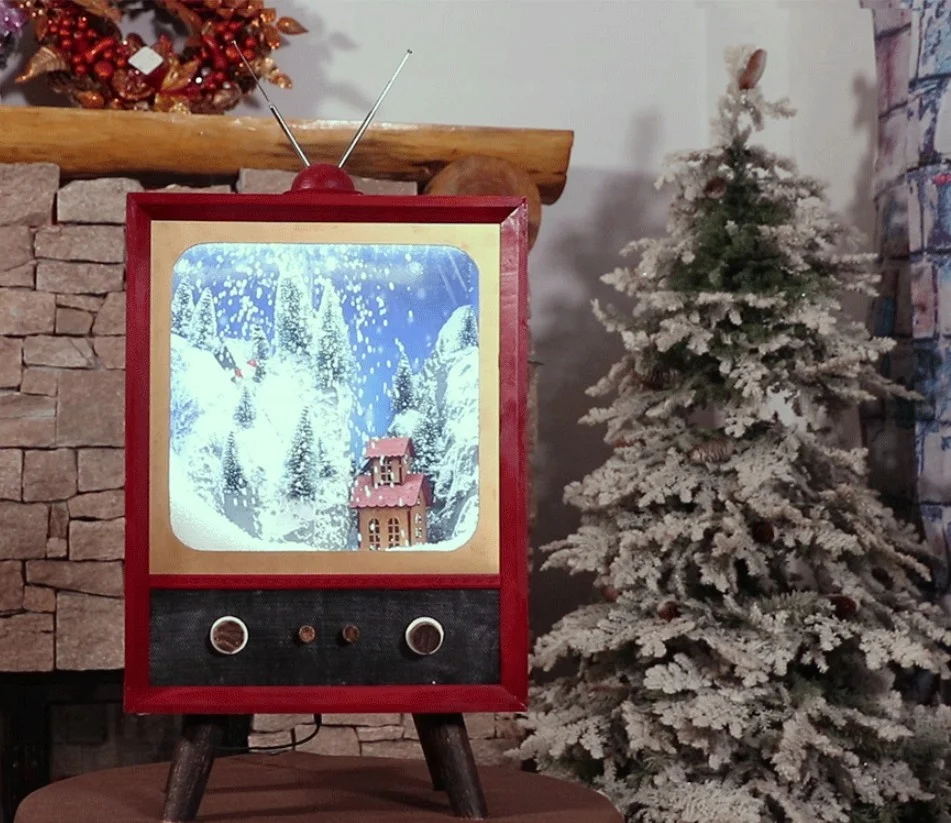 Indoor Polyresin Antique Santa Skiing Scene Tv Cabinet Christmas Decoration with Snowing Inside