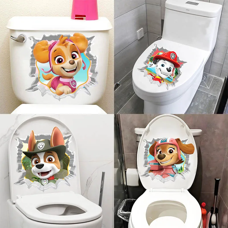 Paw Patrol Chase 3D Funny Toilet Stickers DIY Wc Washroom Home Decoration Children Cute Puppy Pet Animal Wall Art Decals Sticker