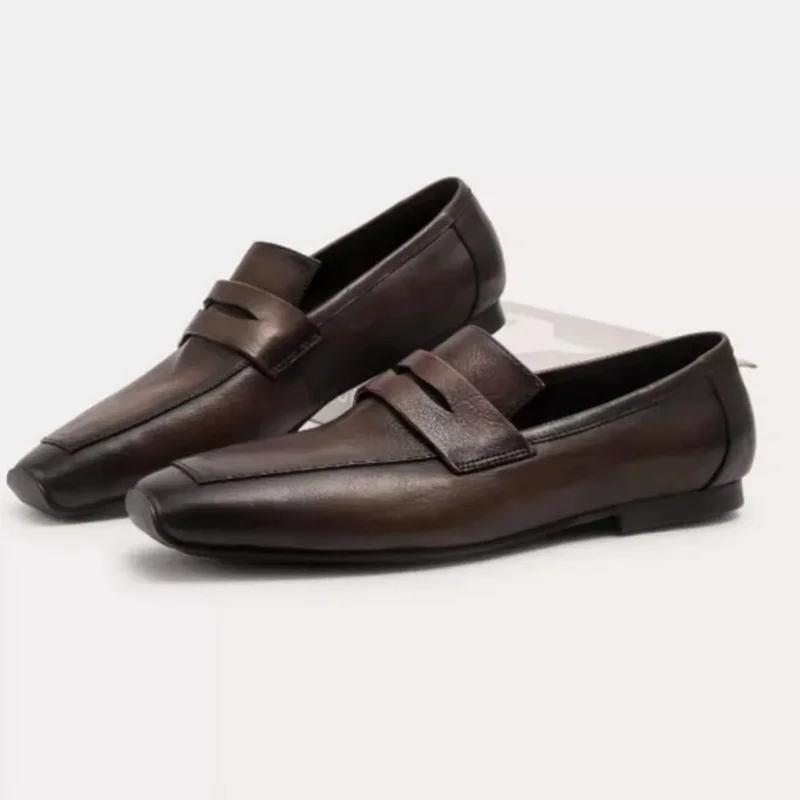 Small Square-toe Leather Shoes For Men Korean Style Cowhide Leather Business Loafers Men Slip-on Dress Shoes Flats Lazy Shoes